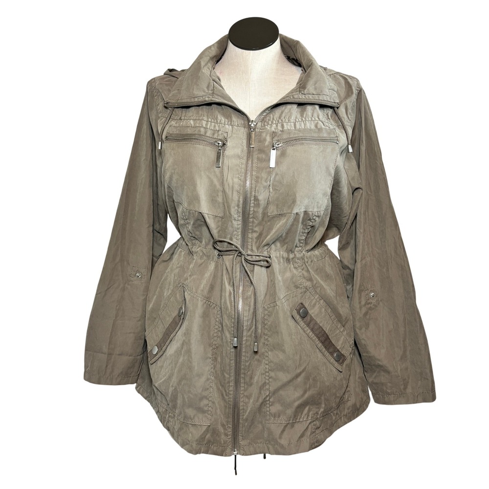 Atmosphere Womens Utility Jacket Large Taupe Synthetic Drawstring Hooded Anorak